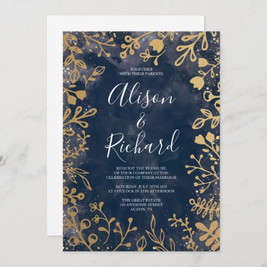 Invitatiを結婚する庭の星明かりの夜金ゴールドおよび海軍 招待状 (正面/裏面)