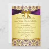Invitatioを結婚する華美でフォーマルな紫色の金ゴールドのダマスク織 招待状 (正面)
