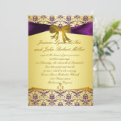 Invitatioを結婚する華美でフォーマルな紫色の金ゴールドのダマスク織 招待状 (スタンド正面)