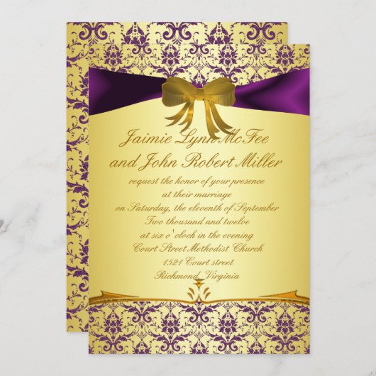 Invitatioを結婚する華美でフォーマルな紫色の金ゴールドのダマスク織 招待状 (正面/裏面)