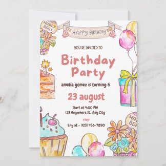 Invitation 6th BirthdayPink Watercolor for Girls 招待状