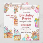Invitation 6th BirthdayPink Watercolor for Girls 招待状 (正面/裏面)