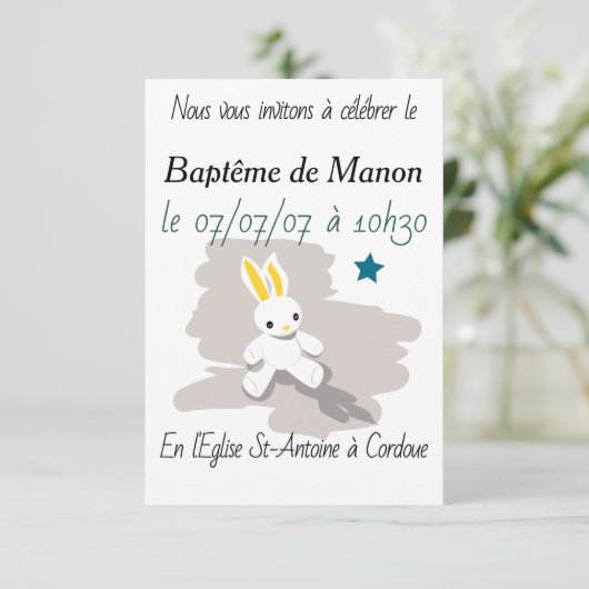 Invitation baptême petit lapin blanc 出欠カード (スタンド正面)