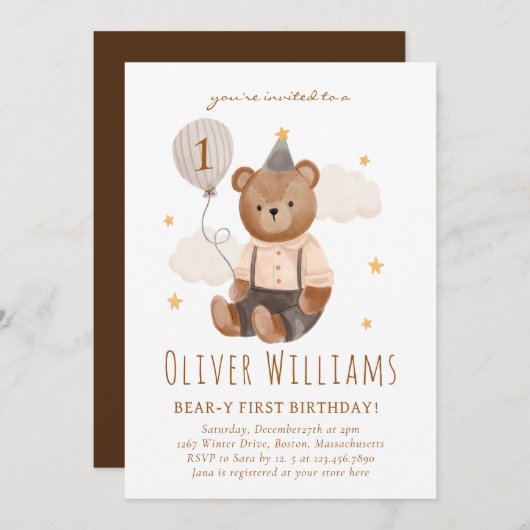 Invitation bear 1st birthday blue balloon 招待状 (正面/裏面)