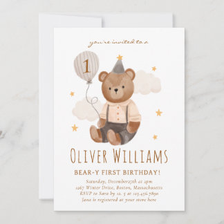 Invitation bear 1st birthday blue balloon 招待状