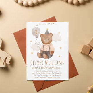 Invitation bear 1st birthday blue balloon 招待状