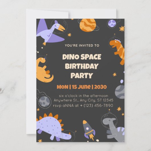 Invitation Birthday Dino Space for Boys Editable 招待状 (正面)