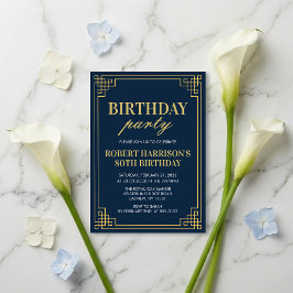 Invitation Birthday Party Navy Gold Art Deco 80th 招待状