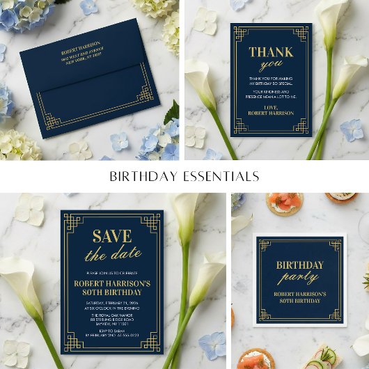 Invitation Birthday Party Navy Gold Art Deco 80th 招待状