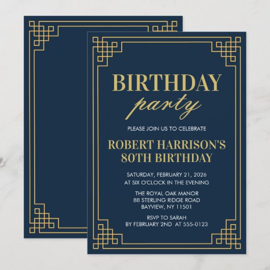 Invitation Birthday Party Navy Gold Art Deco 80th 招待状 (正面/裏面)