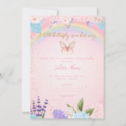 Invitation Butterflies Rainbow Flowers pink gold 招待状 (正面)