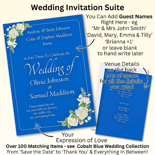 Invitation Cobalt Blue & White Roses Wedding 招待状