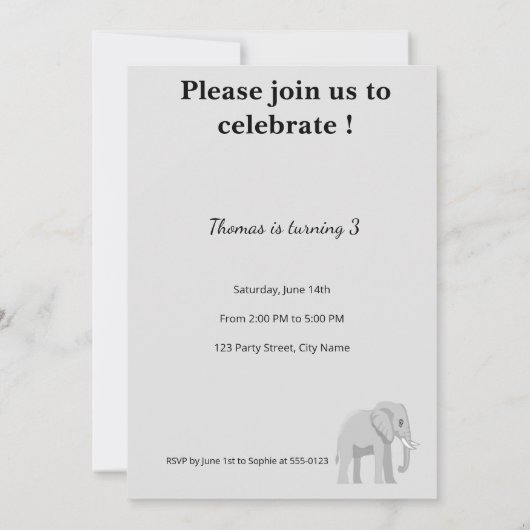 Invitation d'anniversaire éléphant mignon | Pastel 招待状 (裏面)