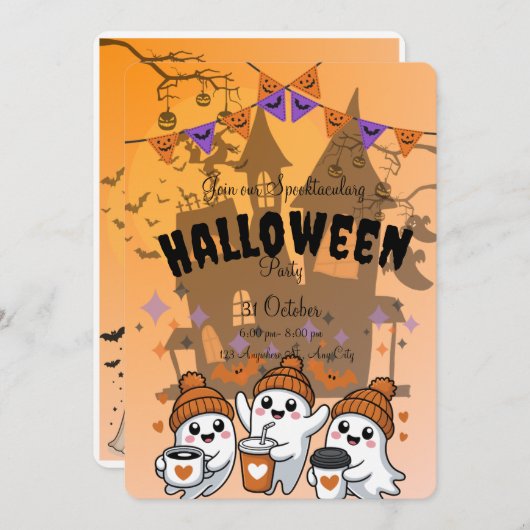 Invitation de fête d'Halloween avec un fantôme mig 招待状 (正面/裏面)