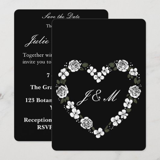 Invitation de mariage en forme de cœur floral noir シーズンカード (正面/裏面)