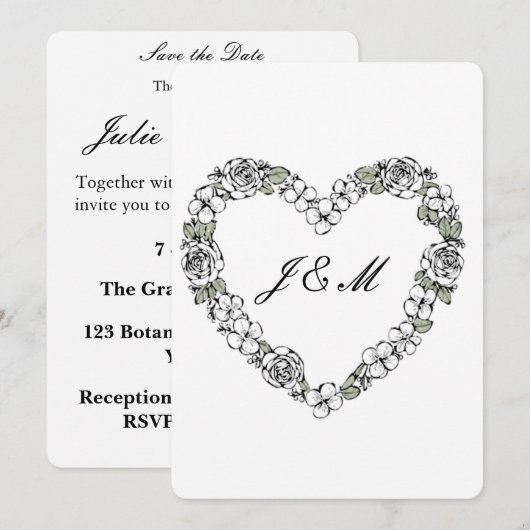 Invitation de mariage noir et blanc coeur Floral シーズンカード (正面/裏面)