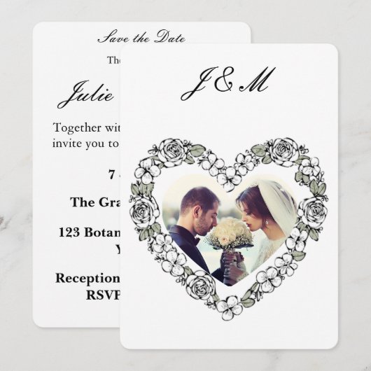 Invitation de mariage photo noir et blanc coeur シーズンカード (正面/裏面)