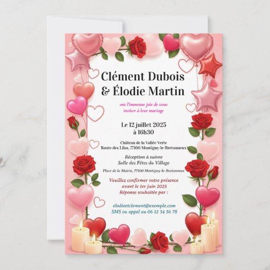 Invitation de Mariage Romantique aux Fleurs 招待状 (正面)