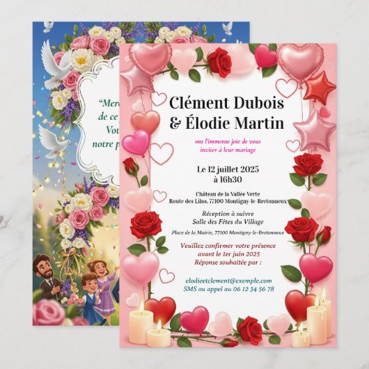 Invitation de Mariage Romantique aux Fleurs  招待状 (正面/裏面)
