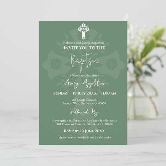 Invitation Floral Cross Baptism Fern Green 招待状 (スタンド正面)