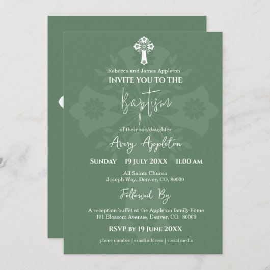 Invitation Floral Cross Baptism Fern Green 招待状 (正面/裏面)