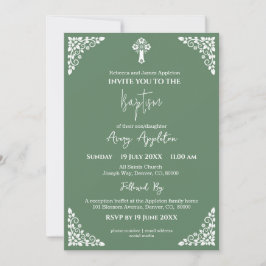 Invitation Floral Cross Baptism Fern Green 招待状