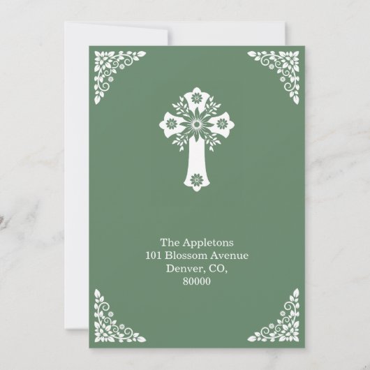 Invitation Floral Cross Baptism Fern Green 招待状 (裏面)