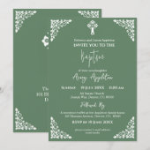 Invitation Floral Cross Baptism Fern Green 招待状 (正面/裏面)