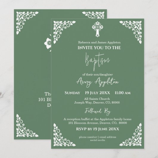 Invitation Floral Cross Baptism Fern Green 招待状 (正面/裏面)