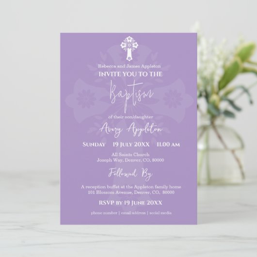 Invitation Floral Cross Baptism Lilac 招待状 (スタンド正面)