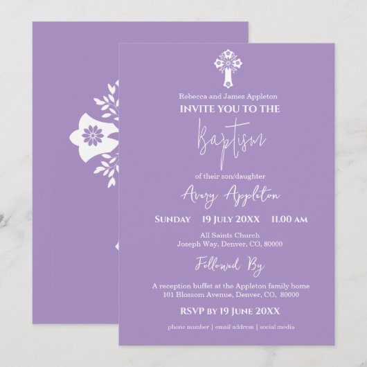 Invitation Floral Cross Baptism Lilac 招待状 (正面/裏面)