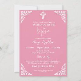 Invitation Floral Cross Baptism Rose Pink 招待状