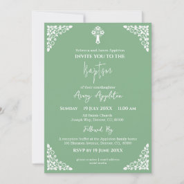 Invitation Floral Cross Baptism Sage Green 招待状