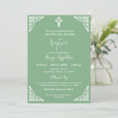 Invitation Floral Cross Baptism Sage Green 招待状 (スタンド正面)