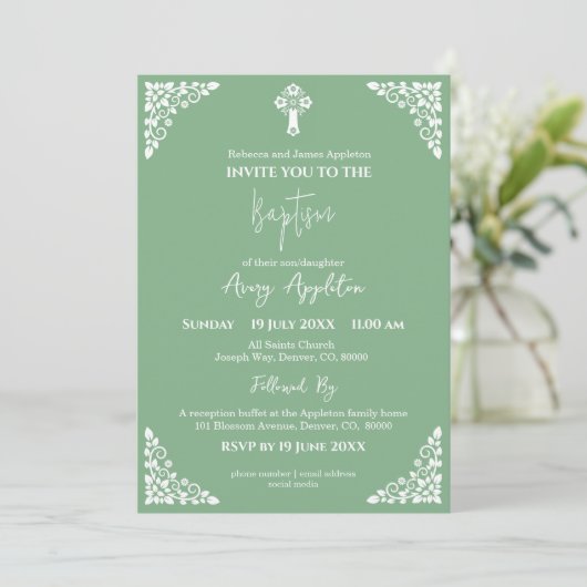 Invitation Floral Cross Baptism Sage Green 招待状 (スタンド正面)