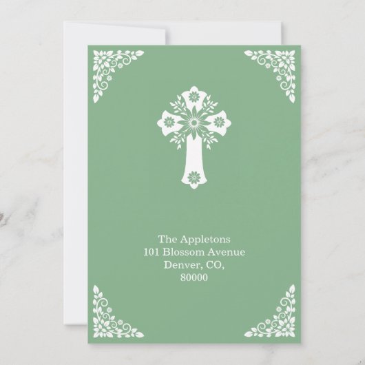Invitation Floral Cross Baptism Sage Green 招待状 (裏面)