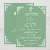 Invitation Floral Cross Baptism Sage Green 招待状 (正面/裏面)