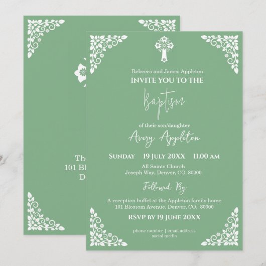 Invitation Floral Cross Baptism Sage Green 招待状 (正面/裏面)