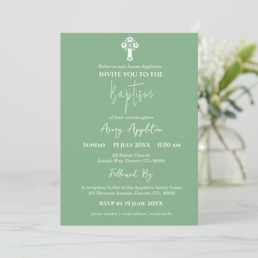 Invitation Floral Cross Baptism Sage Green 招待状 (スタンド正面)