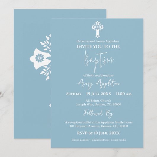 Invitation Floral Cross Baptism Sky Blue 招待状 (正面/裏面)