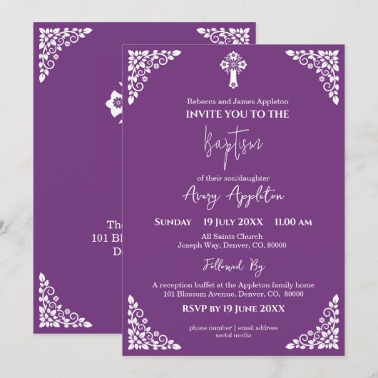 Invitation Floral Cross Baptism Sweet Plum 招待状 (正面/裏面)