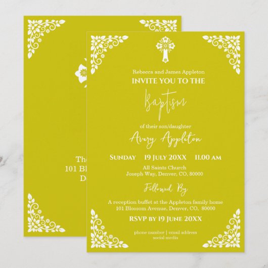 Invitation Floral Cross Baptism Yellow 招待状 (正面/裏面)