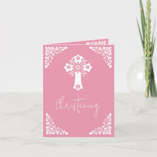 Invitation Floral Cross Christening Rose Pink シーズンカード (正面)