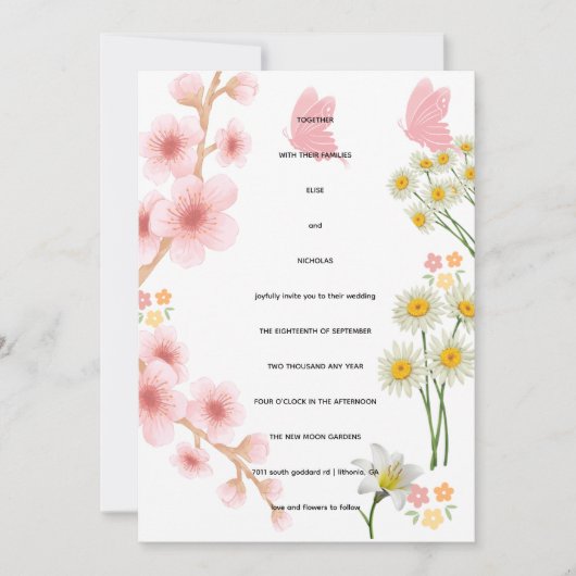 Invitation florale rose et marguerites | Mariage 招待状 (正面)