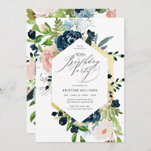 Invitation for 90th Birthday with Pink Blue Roses  招待状 (正面/裏面)