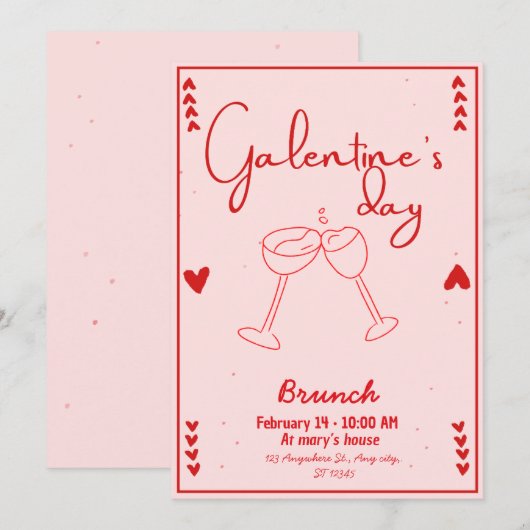 Invitation galentines day brunch red and pink 招待状 (正面/裏面)