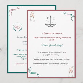 Invitation PACS ou Fiançailles Chic 招待状