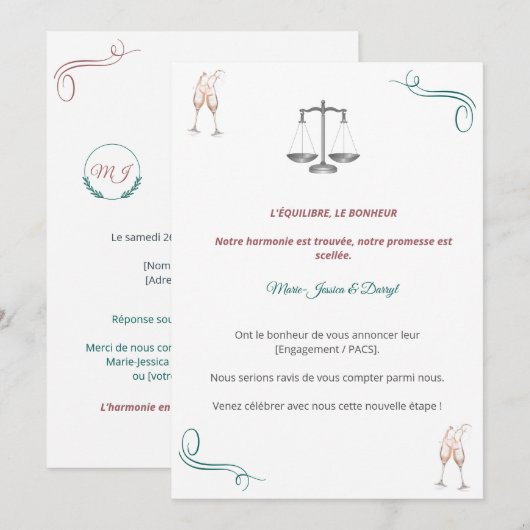 Invitation PACS ou Fiançailles Chic 招待状 (正面/裏面)