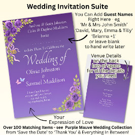 Invitation Purple Mauve Flowers & White Wedding  招待状