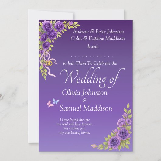 Invitation Purple Mauve Flowers & White Wedding  招待状 (正面)
